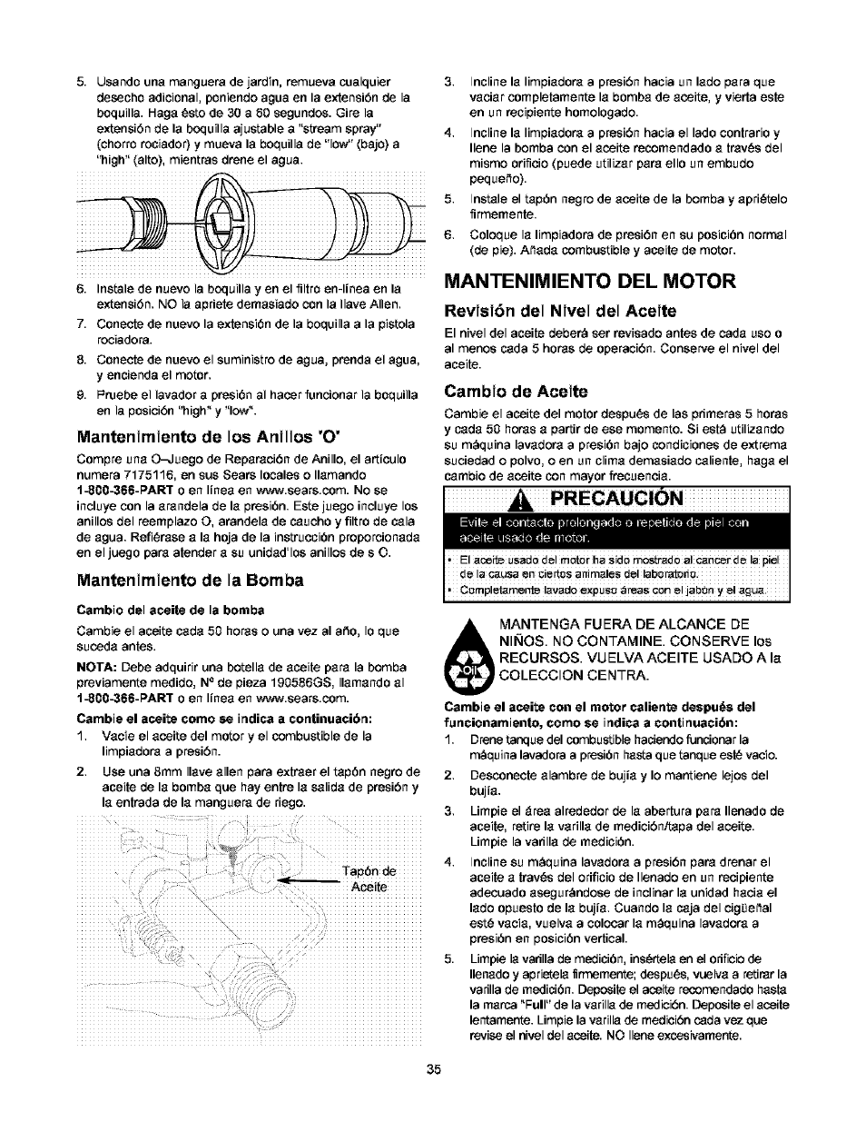 Mantenimiento de los anillos 'o, Mantenimiento de la bomba, Mantenimiento del motor | Revisión del nivel del aceite, Cambio de aceite, Precaucion | Craftsman 580.752000 User Manual | Page 35 / 40