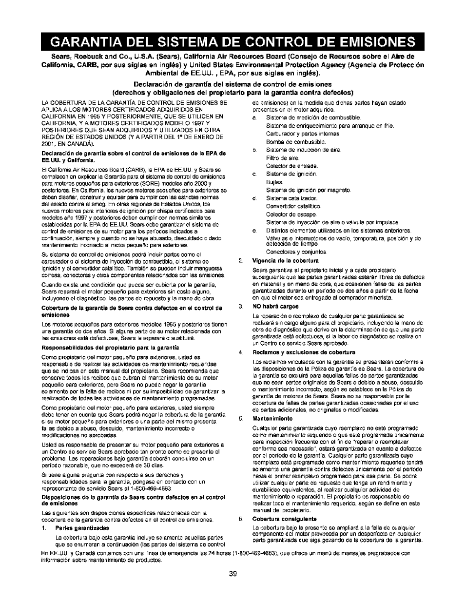 Garantia del sistema de control de emisiones, Garantia del control de em siones | Craftsman 580.752000 User Manual | Page 39 / 40