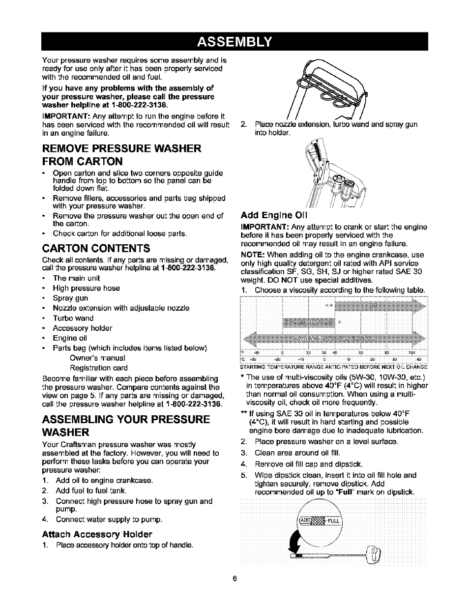 Assembly, Remove pressure washer from carton, Carton contents | Assembling your pressure washer, Attach accessory holder | Craftsman 580.752000 User Manual | Page 6 / 40