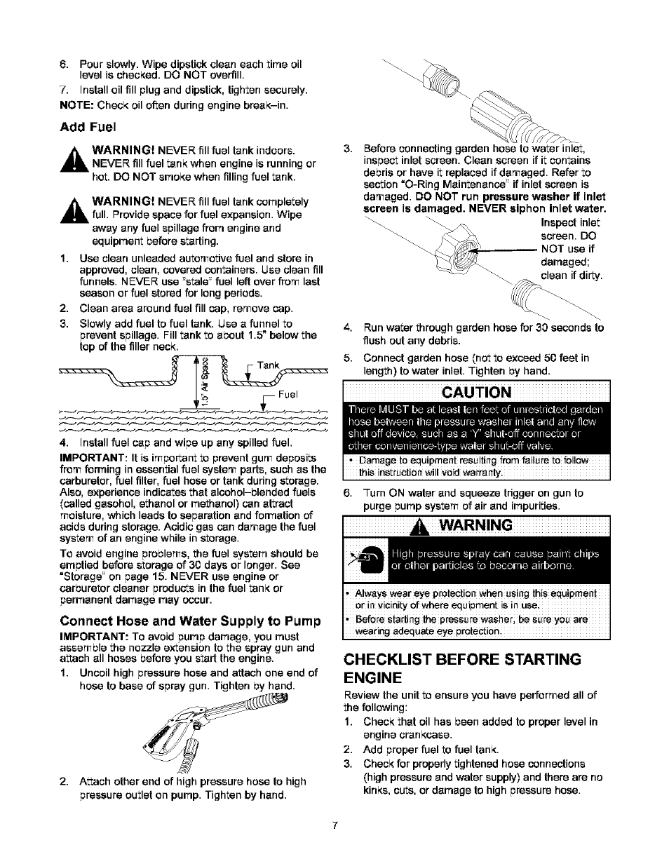 Add fuel, Connect hose and water supply to pump, Caution | Checklist before starting engine, Warning | Craftsman 580.752000 User Manual | Page 7 / 40