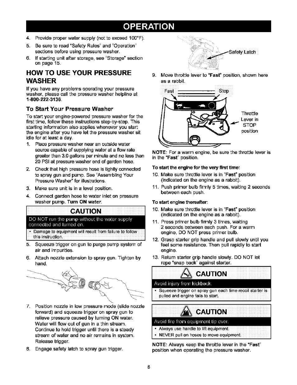 Operation, How to use your pressure washer, To start your pressure washer | Caution | Craftsman 580.752000 User Manual | Page 8 / 40