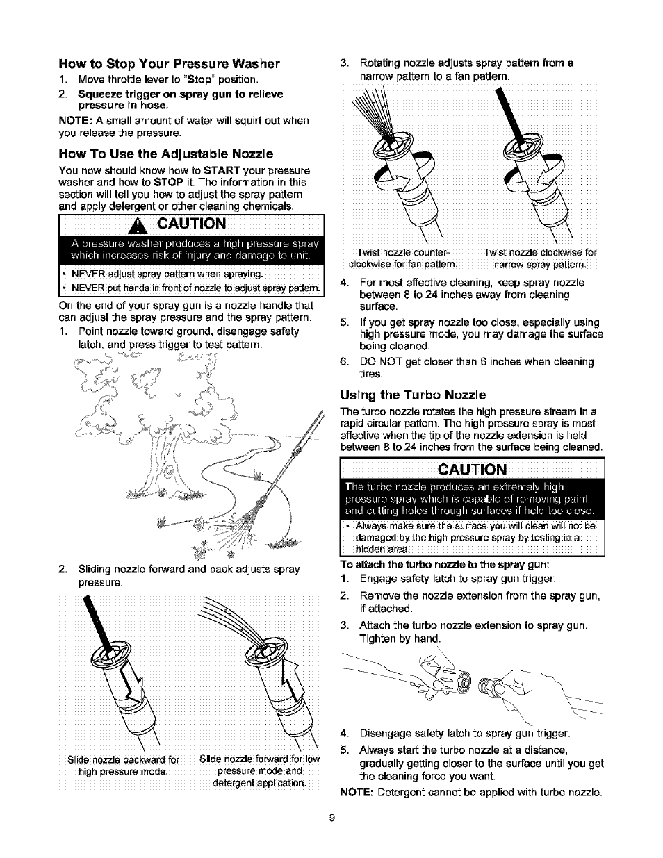 How to stop your pressure washer, How to use the adjustable nozzle, Caution | Using the turbo nozzle | Craftsman 580.752000 User Manual | Page 9 / 40