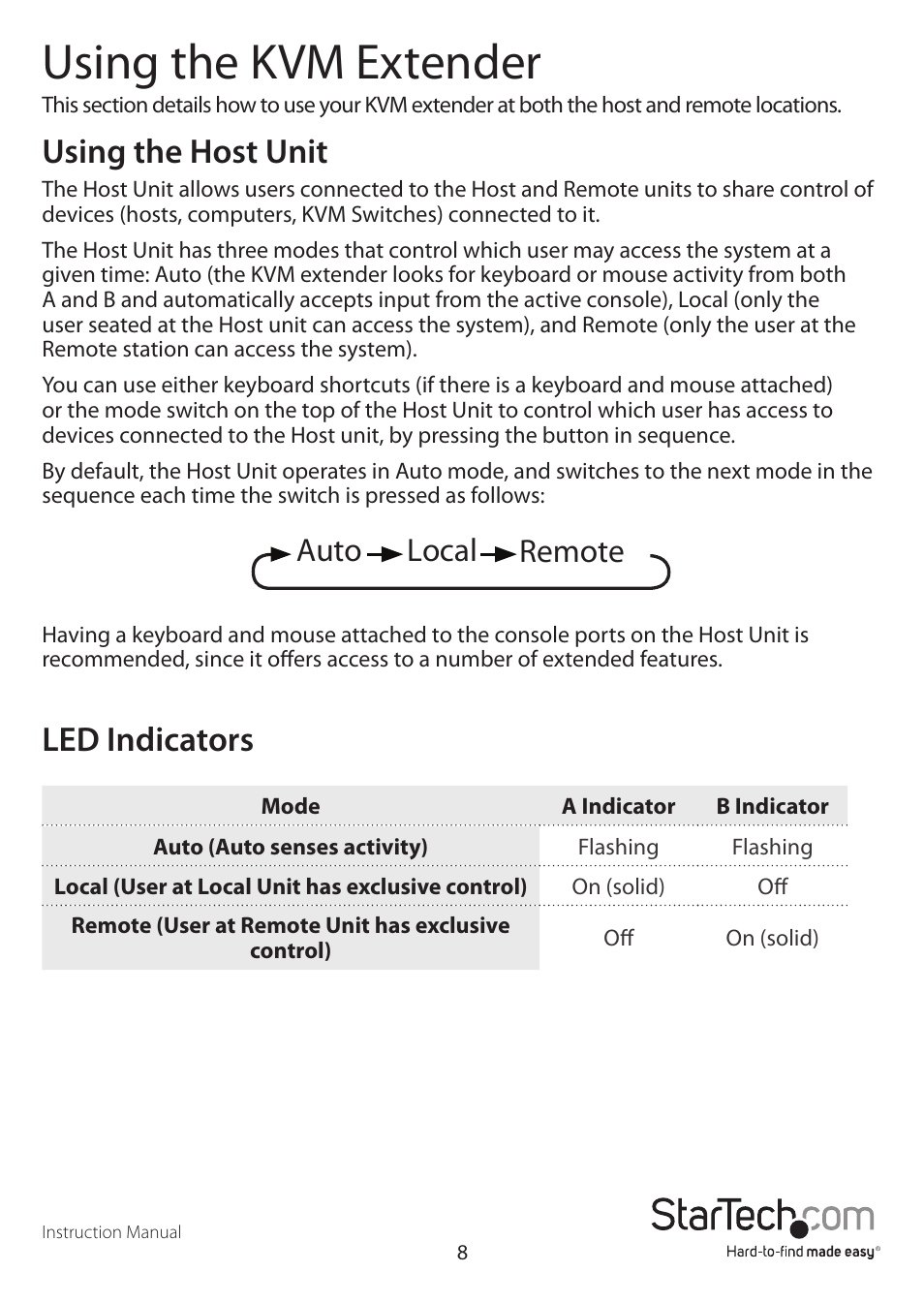 Using the kvm extender, Using the host unit, Led indicators | Auto local remote | StarTech.com SV565UTPUL User Manual | Page 11 / 20