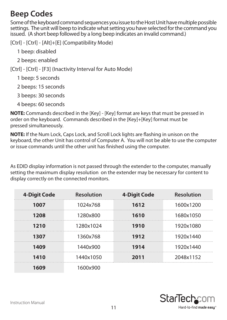 Beep codes | StarTech.com SV565UTPUL User Manual | Page 14 / 20