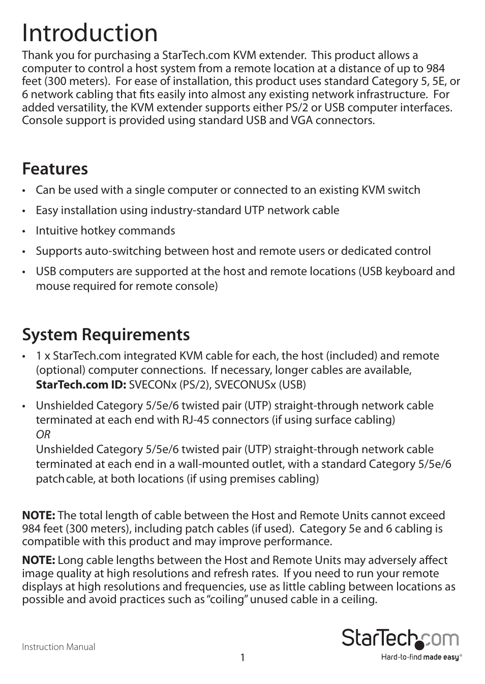 Introduction, Features, System requirements | StarTech.com SV565UTPUL User Manual | Page 4 / 20