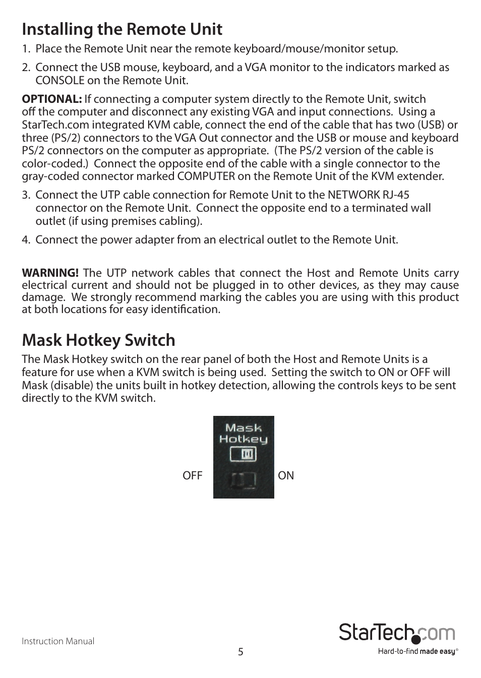 Installing the remote unit, Mask hotkey switch | StarTech.com SV565UTPUL User Manual | Page 8 / 20