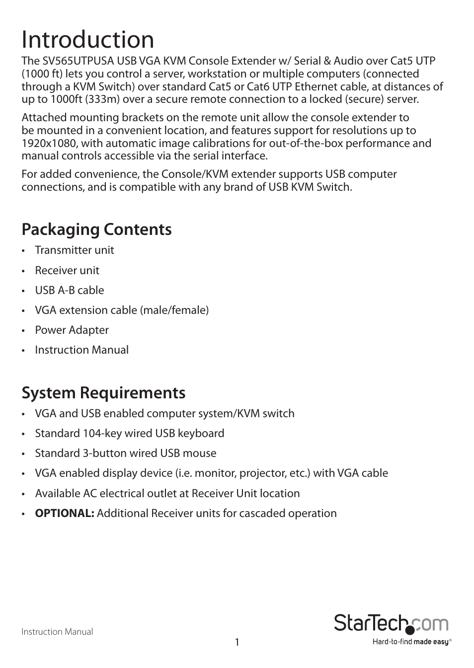 Introduction, Packaging contents, System requirements | StarTech.com SV565USAGB User Manual | Page 4 / 15
