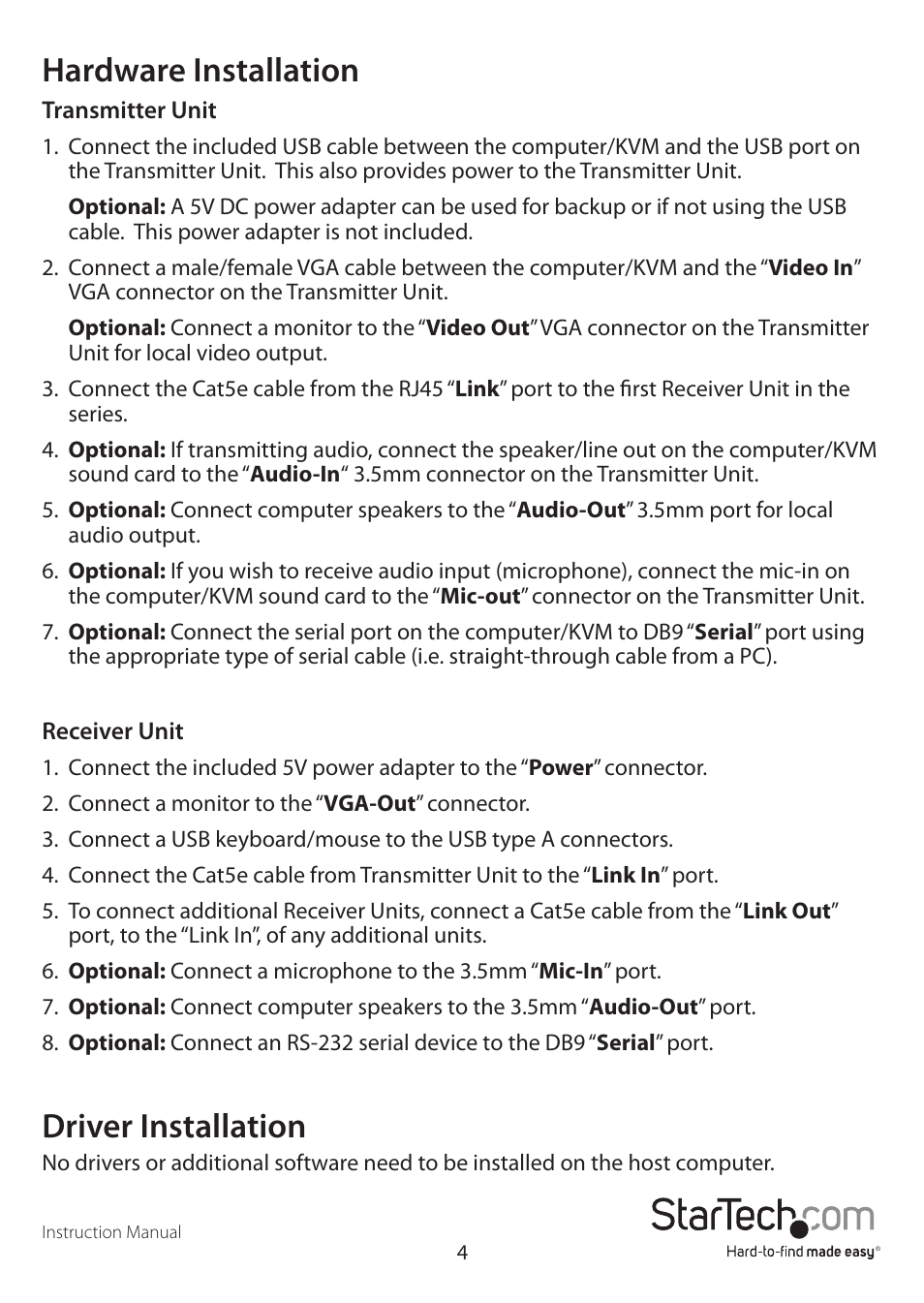 Hardware installation, Driver installation | StarTech.com SV565USAGB User Manual | Page 7 / 15