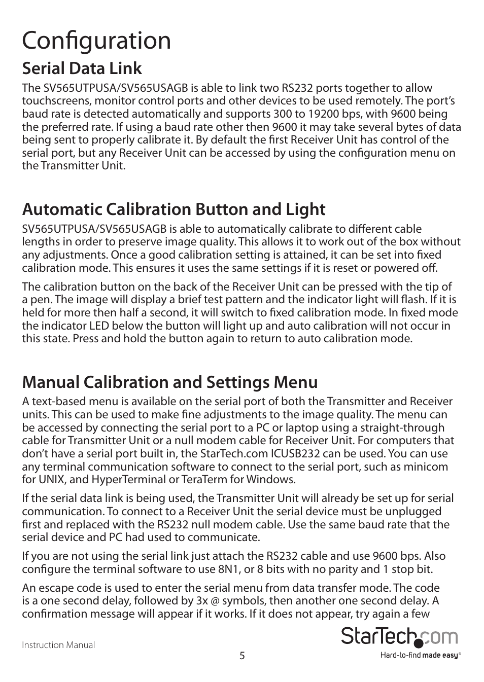 Configuration, Serial data link, Automatic calibration button and light | Manual calibration and settings menu | StarTech.com SV565USAGB User Manual | Page 8 / 15