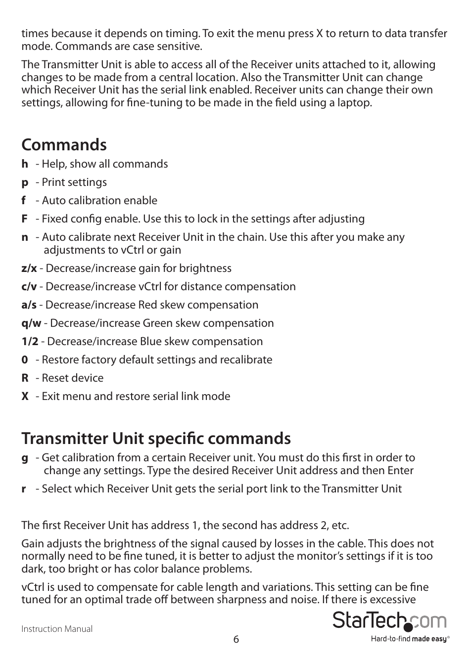 Commands, Transmitter unit specific commands | StarTech.com SV565USAGB User Manual | Page 9 / 15