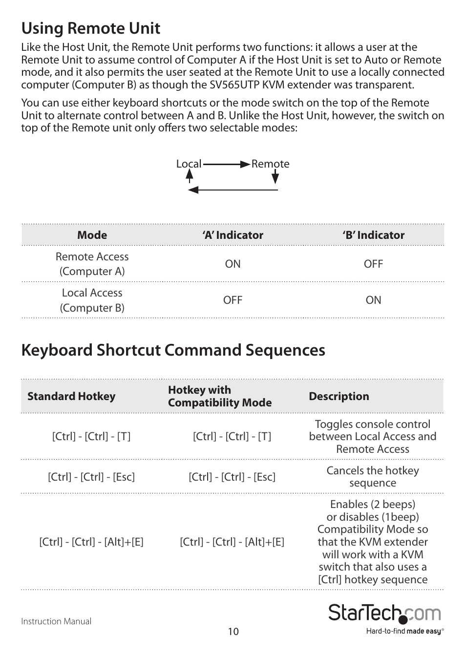 Using remote unit, Keyboard shortcut command sequences | StarTech.com SV565UTP User Manual | Page 13 / 18