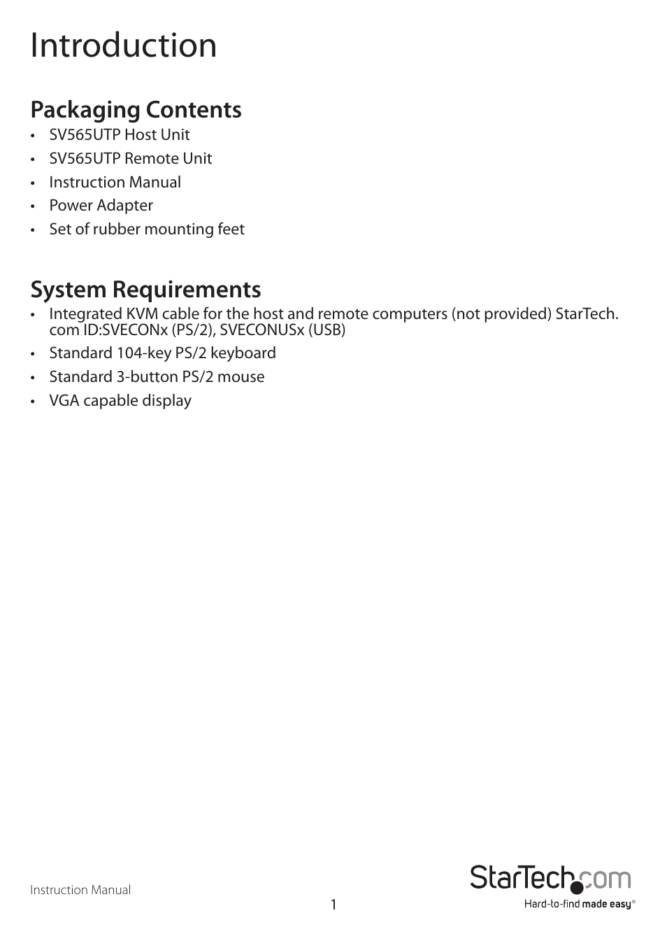 Introduction, Packaging contents, System requirements | StarTech.com SV565UTP User Manual | Page 4 / 18