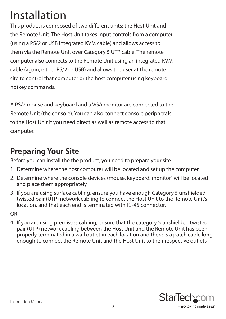 Installation, Preparing your site | StarTech.com SV565UTP User Manual | Page 5 / 18
