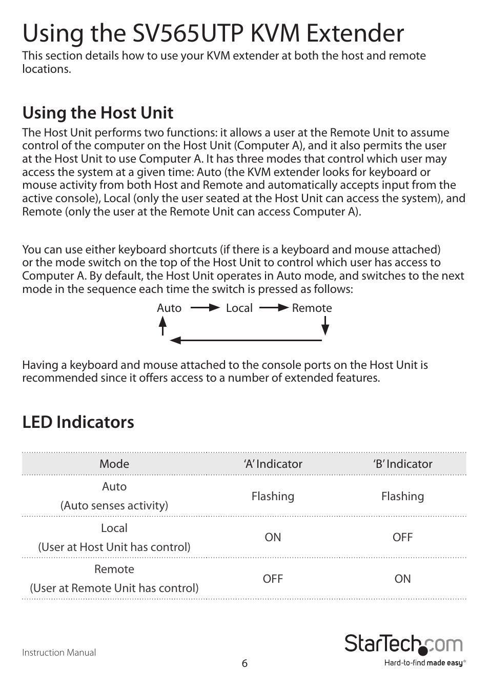 Using the sv565utp kvm extender, Using the host unit, Led indicators | StarTech.com SV565UTP User Manual | Page 9 / 18