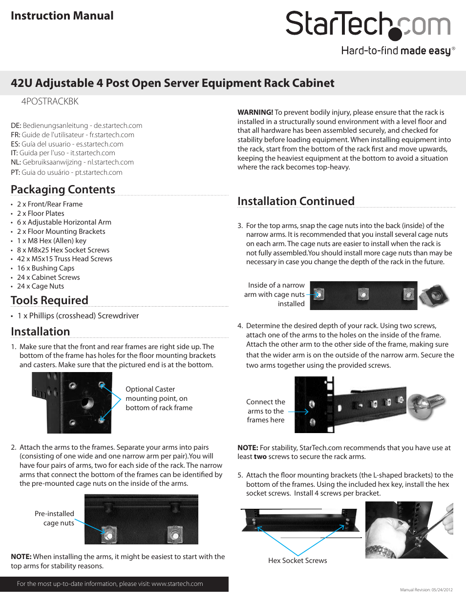 StarTech.com 4POSTRACKBK User Manual | 2 pages
