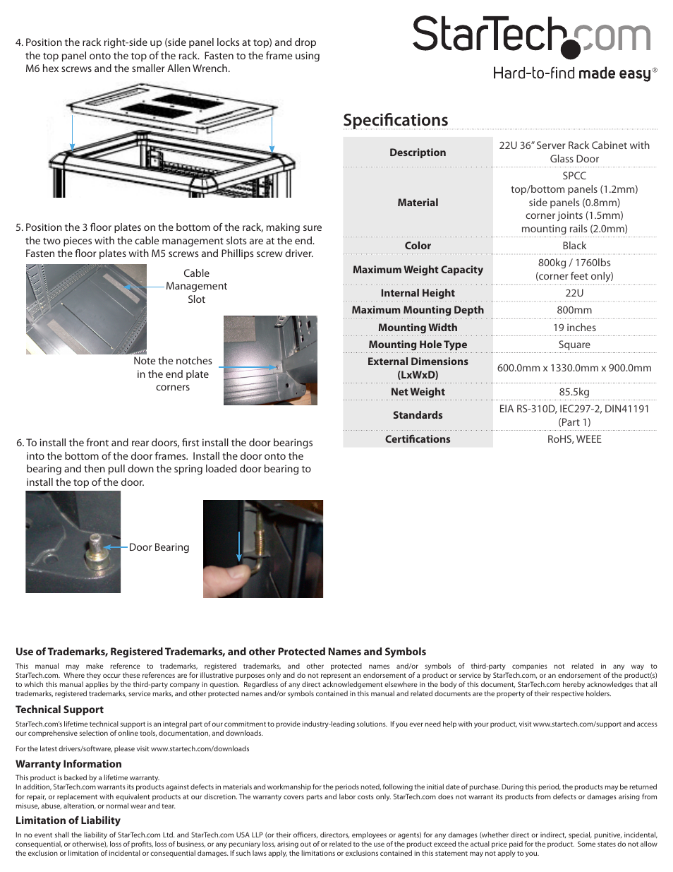 Specifications | StarTech.com RK2236BKF User Manual | Page 2 / 2