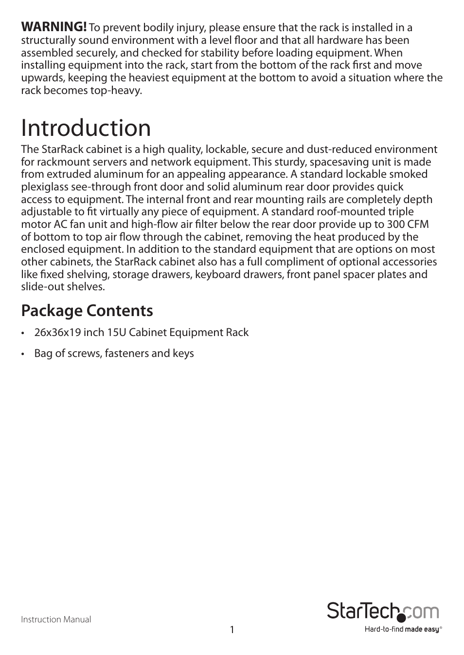 Introduction, Package contents, Warning | StarTech.com 2636CABINET User Manual | Page 4 / 11