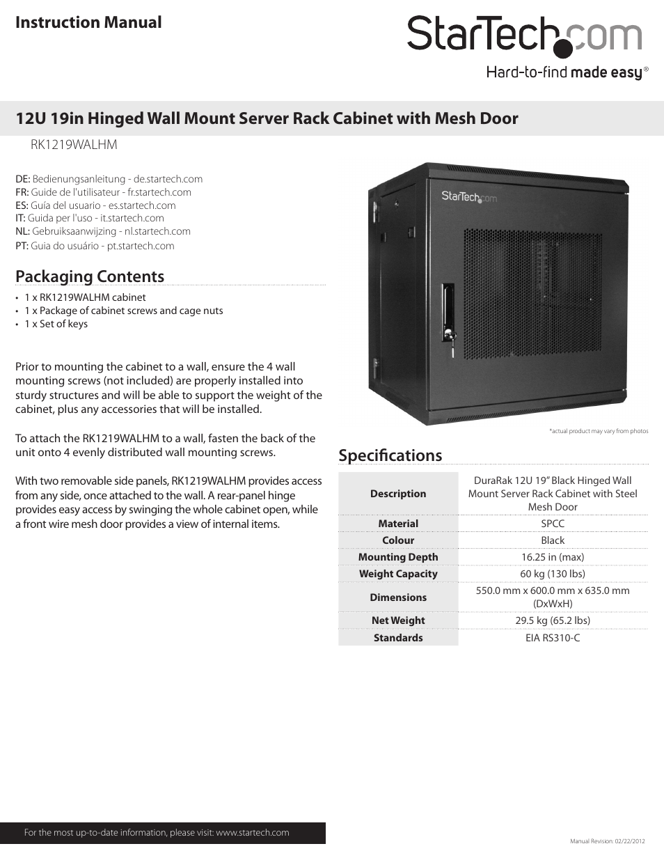 StarTech.com RK1219WALHM User Manual | 2 pages
