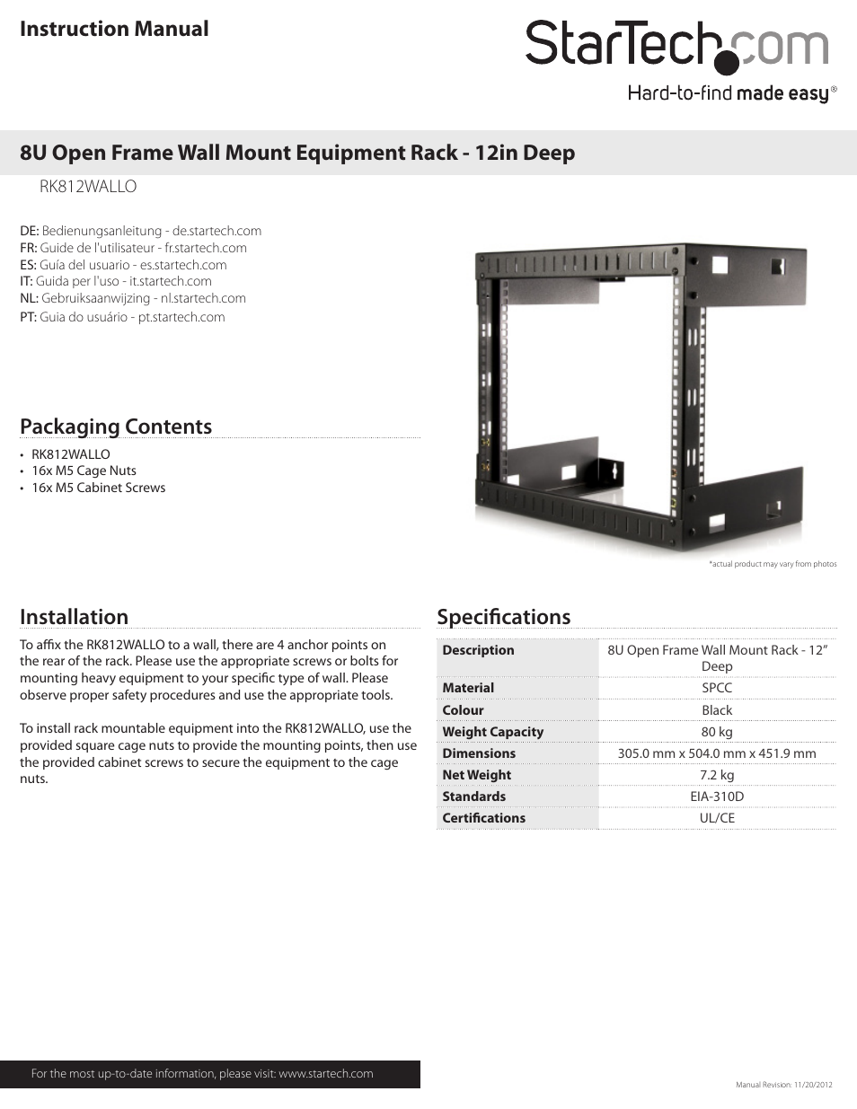 StarTech.com RK812WALLO User Manual | 2 pages