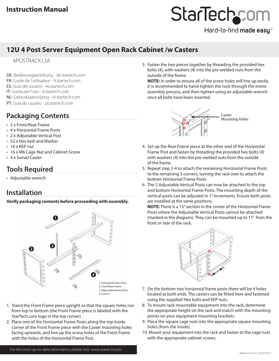 StarTech.com 4POSTRACK12A User Manual | 2 pages