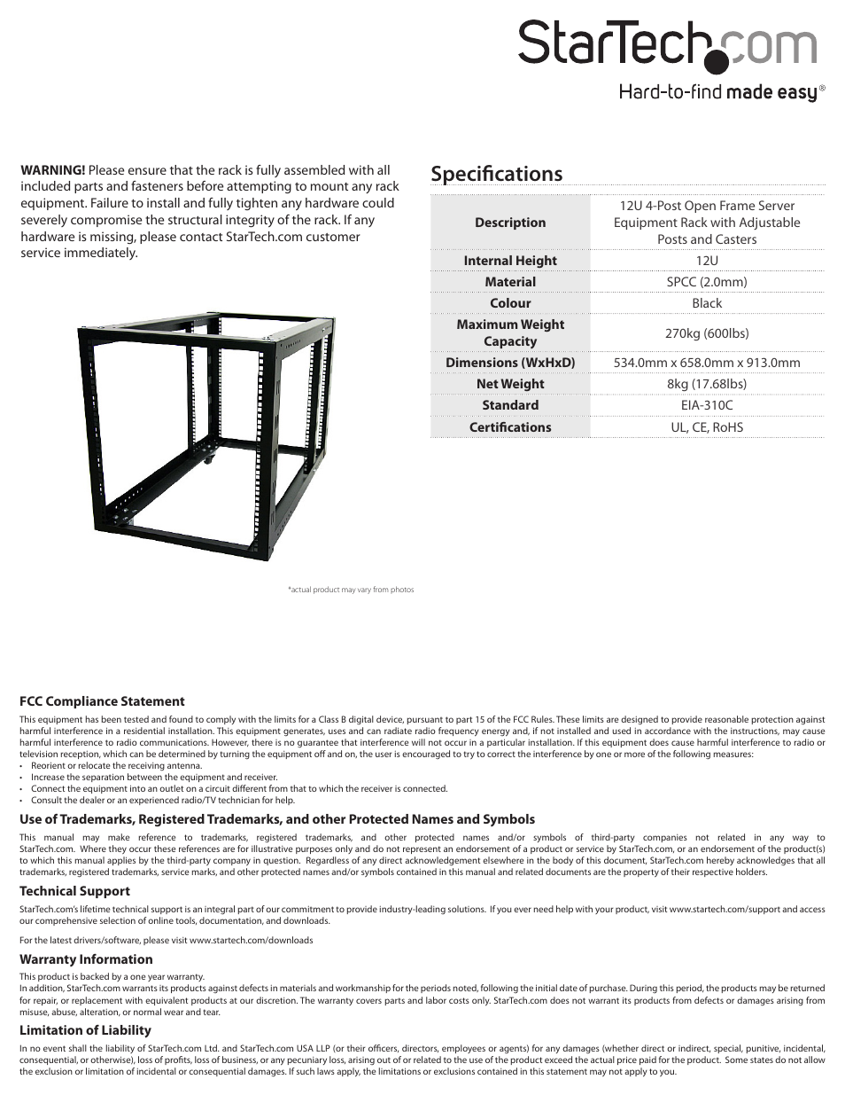 Specifications | StarTech.com 4POSTRACK12A User Manual | Page 2 / 2