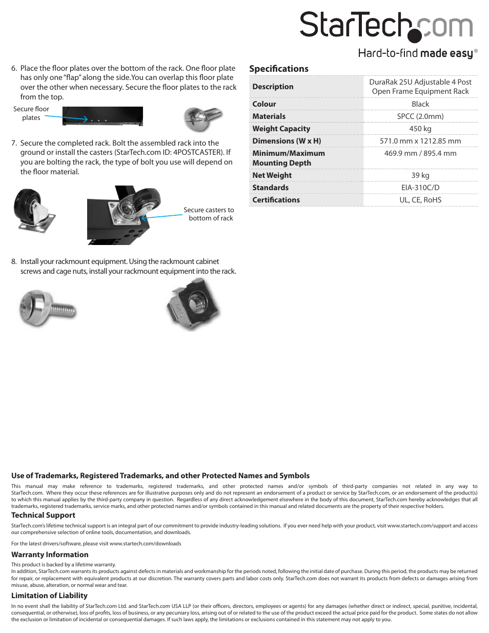 Specifications | StarTech.com 4POSTRACK25 User Manual | Page 2 / 2