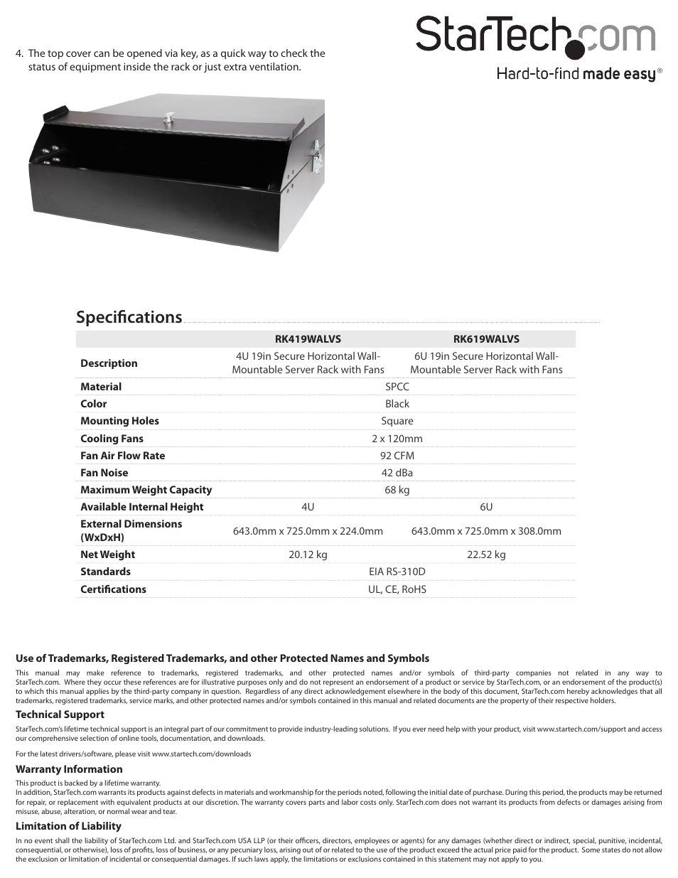 Specifications | StarTech.com RK619WALVSGB User Manual | Page 2 / 2