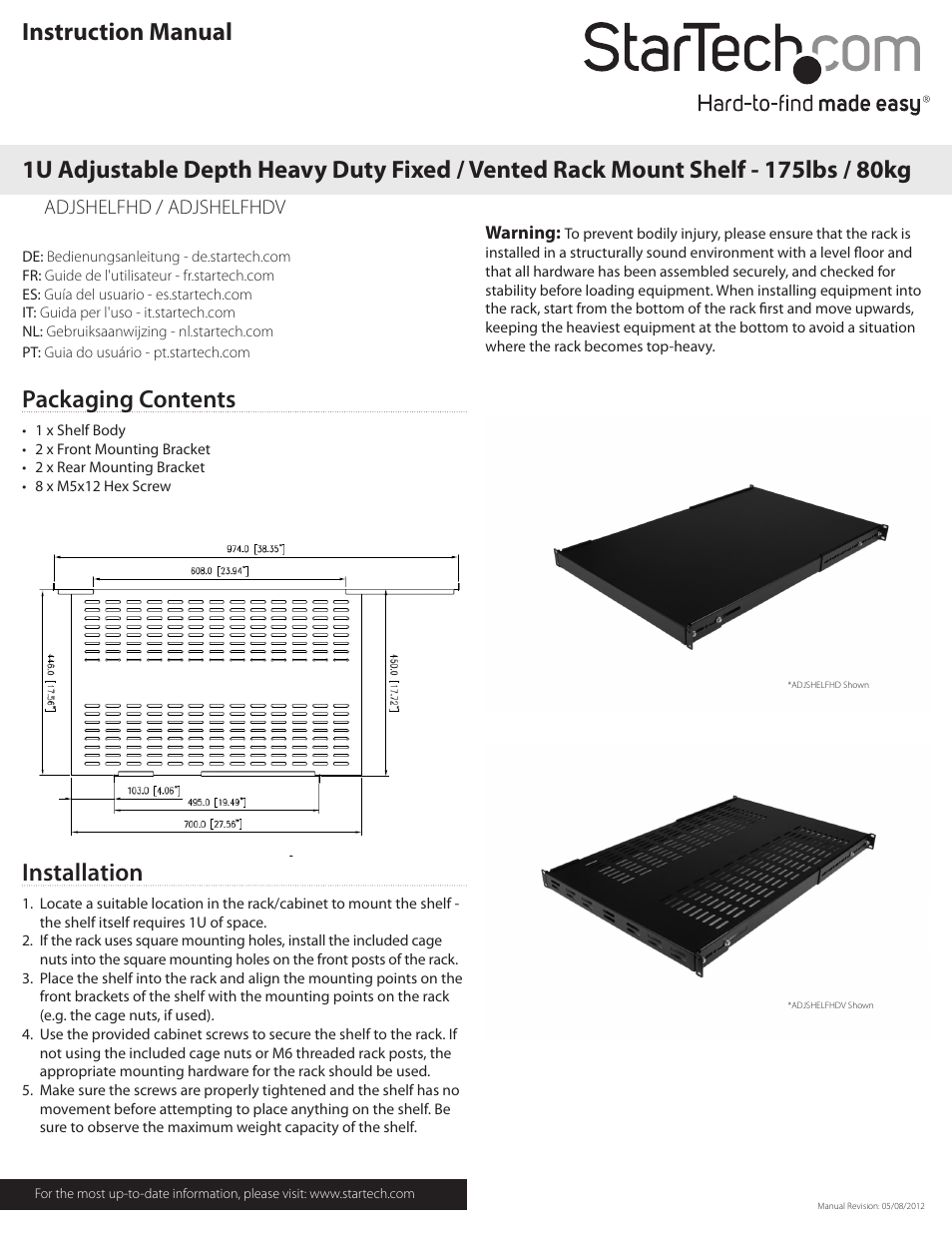 StarTech.com ADJSHELFHDV User Manual | 2 pages