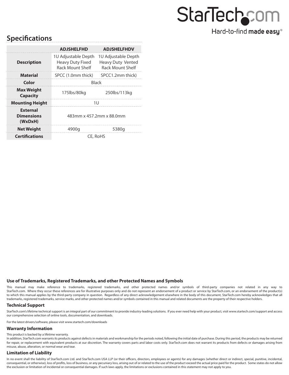 Specifications | StarTech.com ADJSHELFHDV User Manual | Page 2 / 2