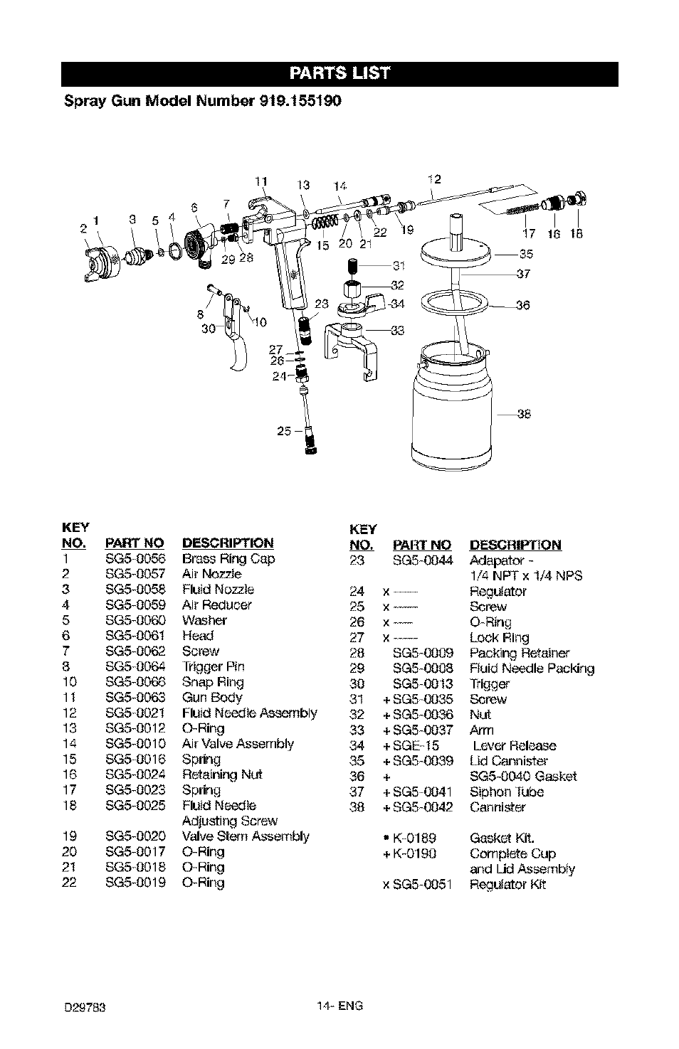 Spray gun model number 919.155190, Parts list | Craftsman 919.155190 User Manual | Page 14 / 31