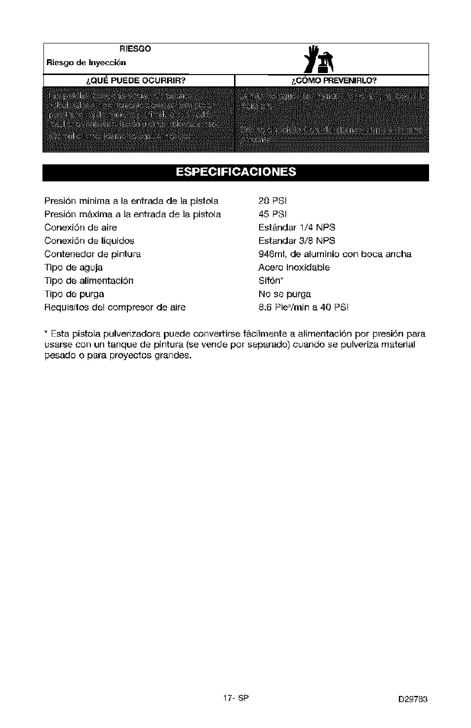 Especiftcaciones | Craftsman 919.155190 User Manual | Page 17 / 31