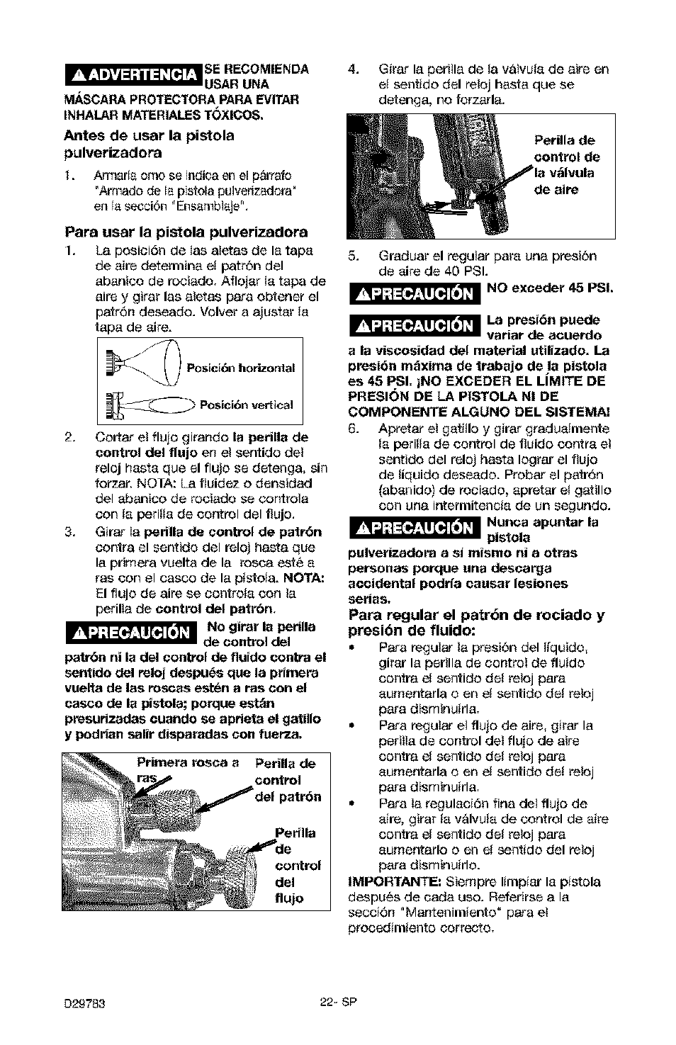 Tes de usar la pistola, Pulverizadora, Para usar la pistola pulverizadora | La presión puede variar de acuerdo | Craftsman 919.155190 User Manual | Page 22 / 31