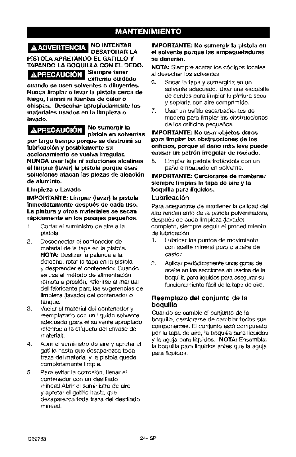 Lubricación, Reemplazo del conjunto de la boquilla, Mantenimiento | Craftsman 919.155190 User Manual | Page 24 / 31