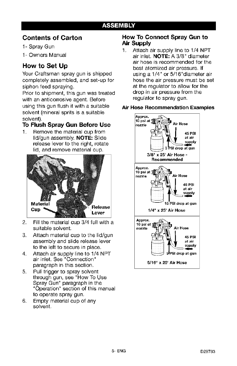 Assembly contents of carton, How to set up, How to connect spray gun to air supply | Craftsman 919.155190 User Manual | Page 5 / 31