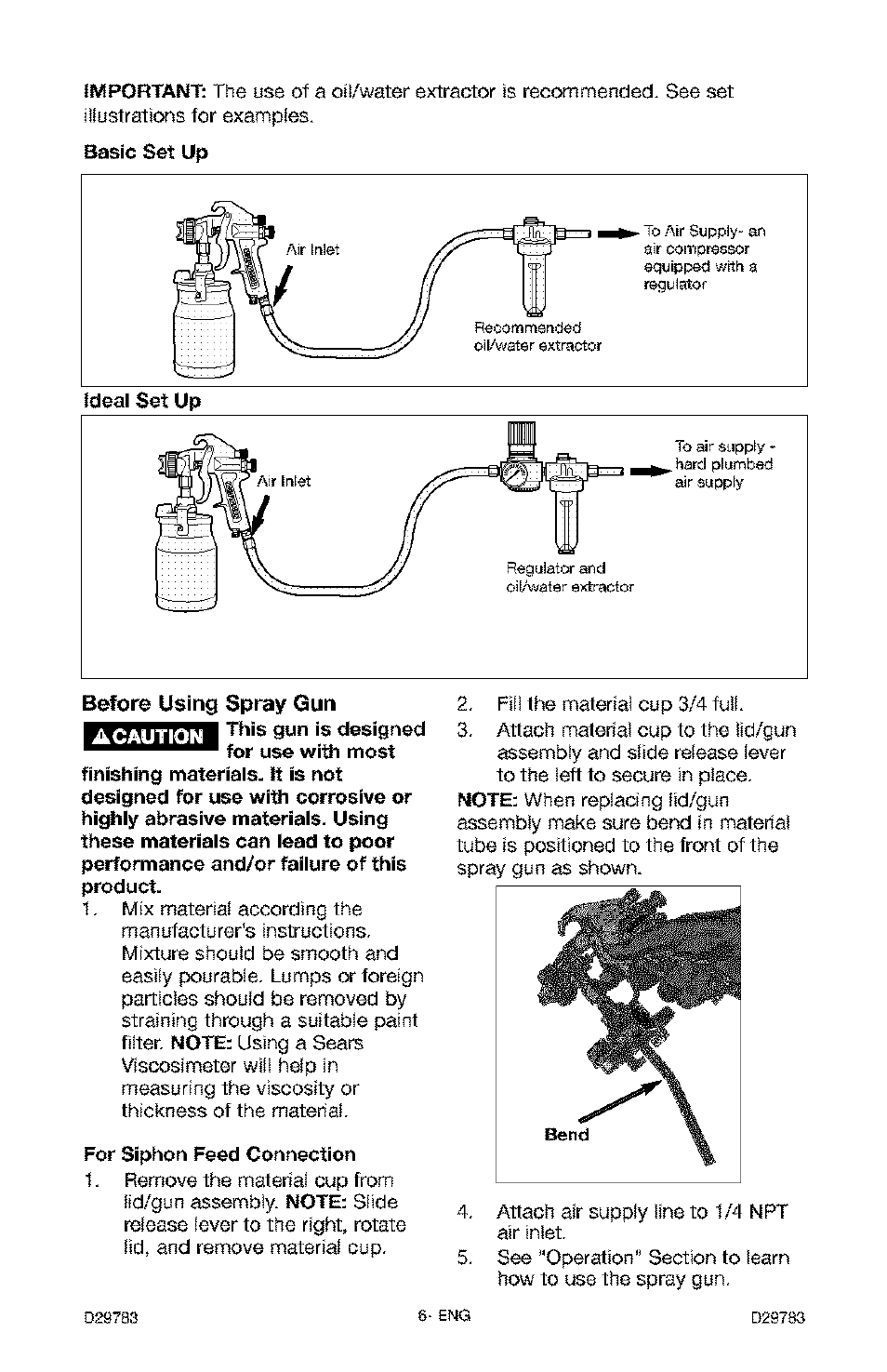 Ideal set up, For siphon feed connection, Before using spray gun | Craftsman 919.155190 User Manual | Page 6 / 31