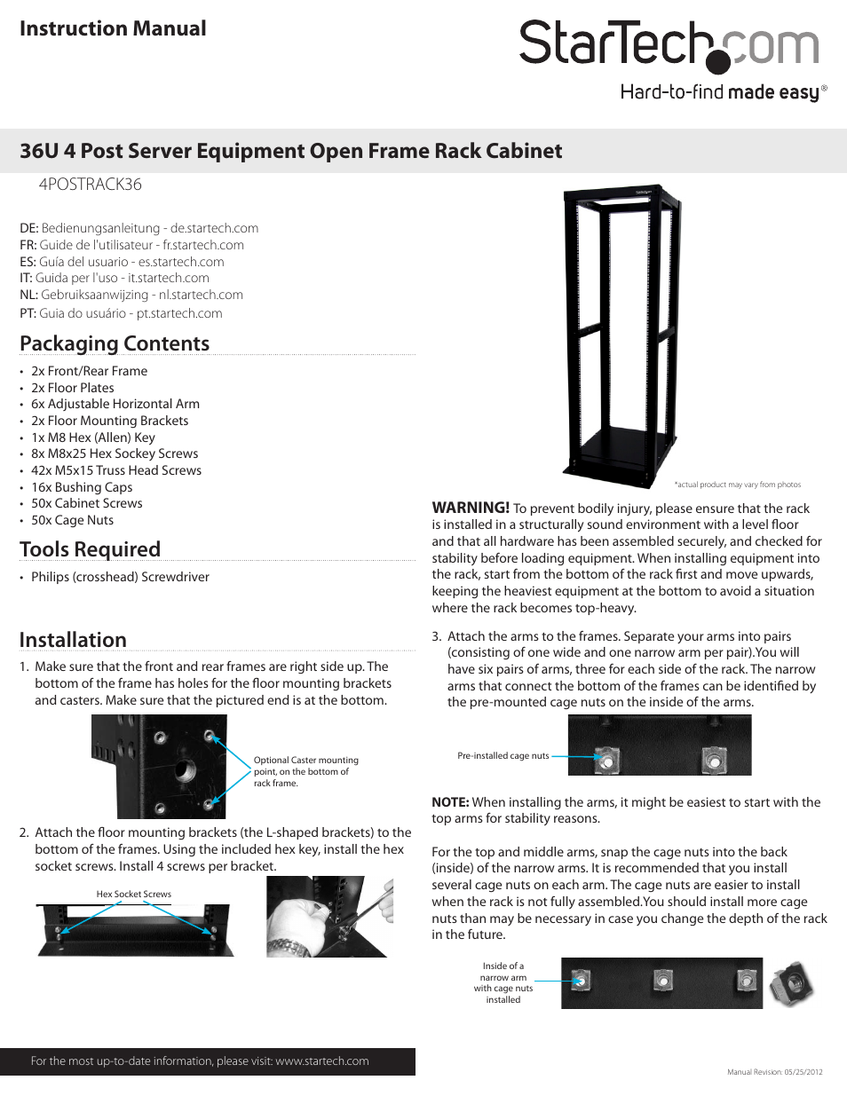 StarTech.com 4POSTRACK36 User Manual | 2 pages