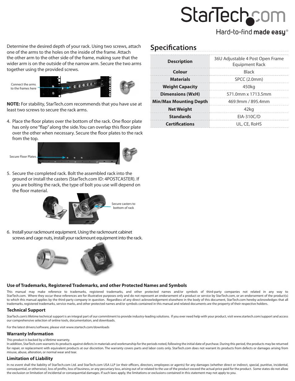 Specifications | StarTech.com 4POSTRACK36 User Manual | Page 2 / 2