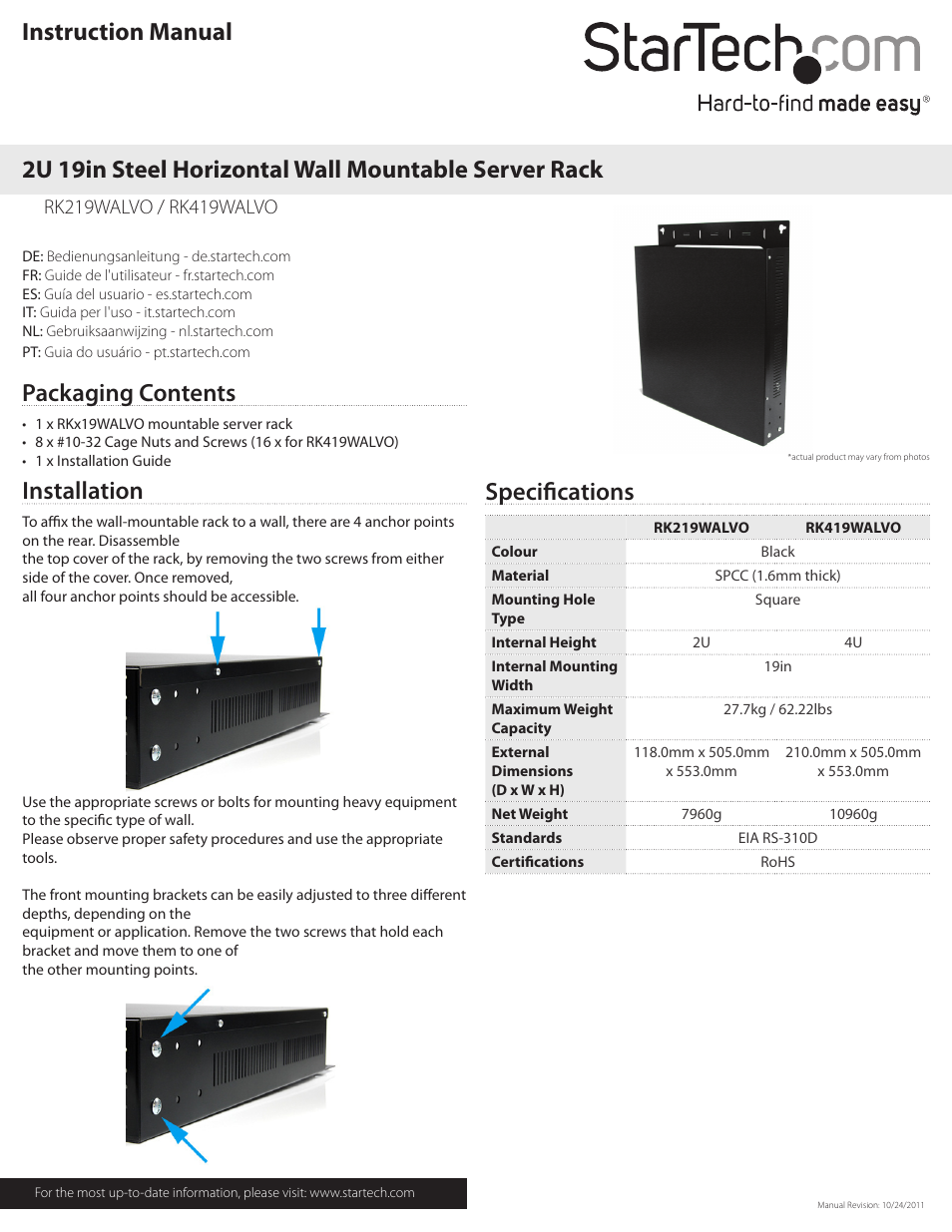 StarTech.com RK419WALVO User Manual | 2 pages