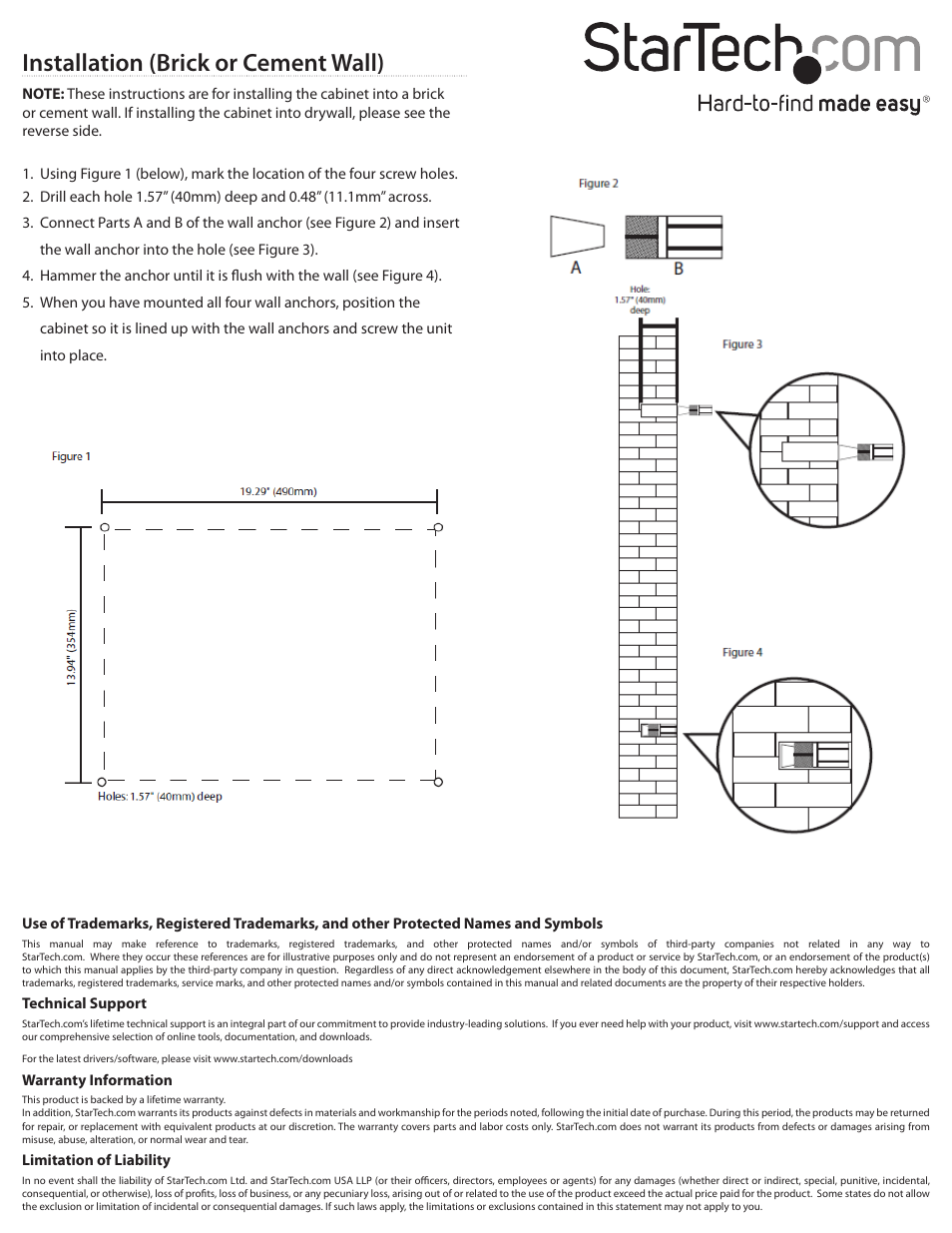 Installation (brick or cement wall) | StarTech.com CAB1019WALL User Manual | Page 2 / 2