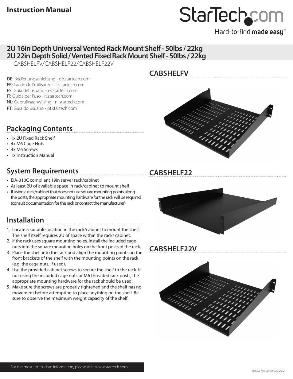 StarTech.com CABSHELF22V User Manual | 2 pages