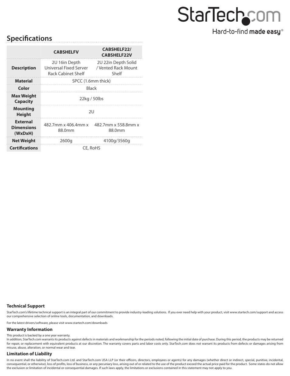 Specifications | StarTech.com CABSHELF22V User Manual | Page 2 / 2