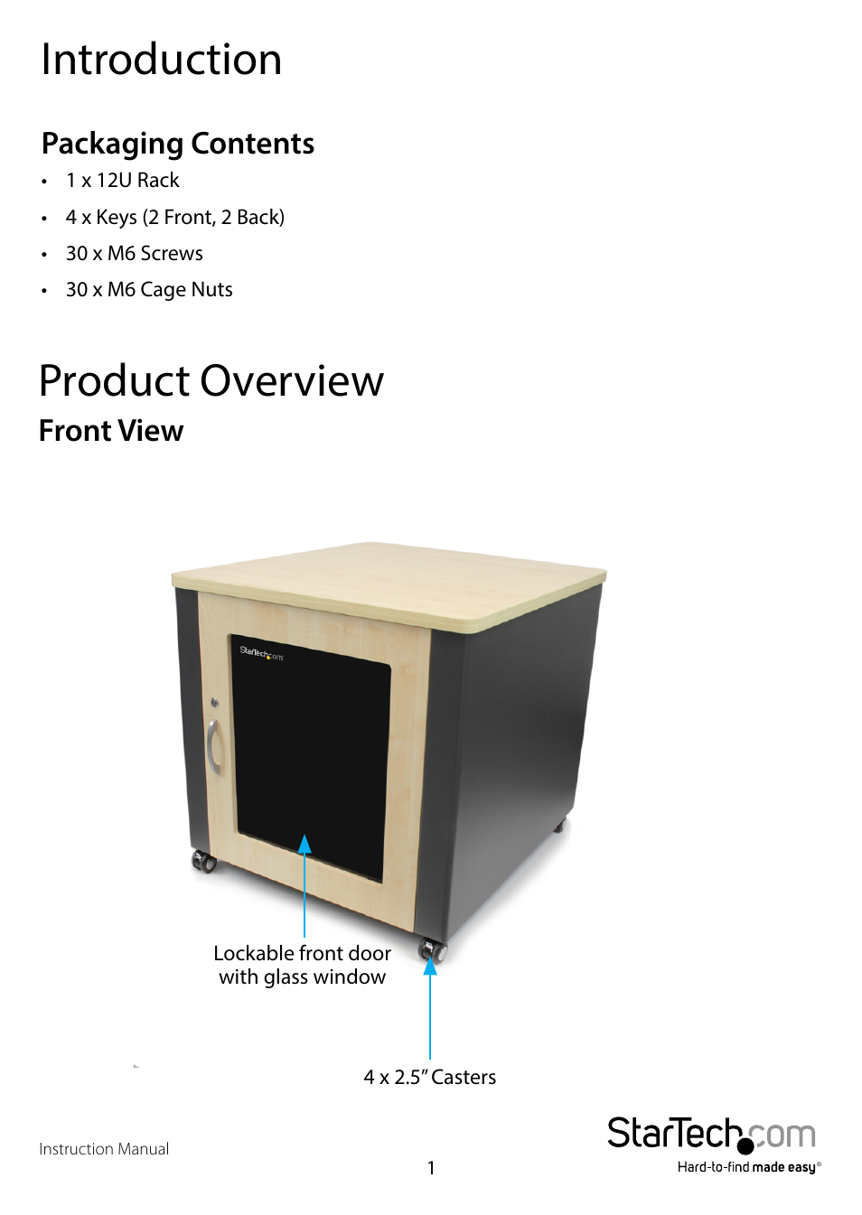 Introduction, Packaging contents, Product overview | Front view | StarTech.com RKQMCAB12 User Manual | Page 4 / 9