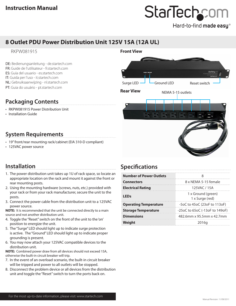 StarTech.com RKPW081915 User Manual | 2 pages