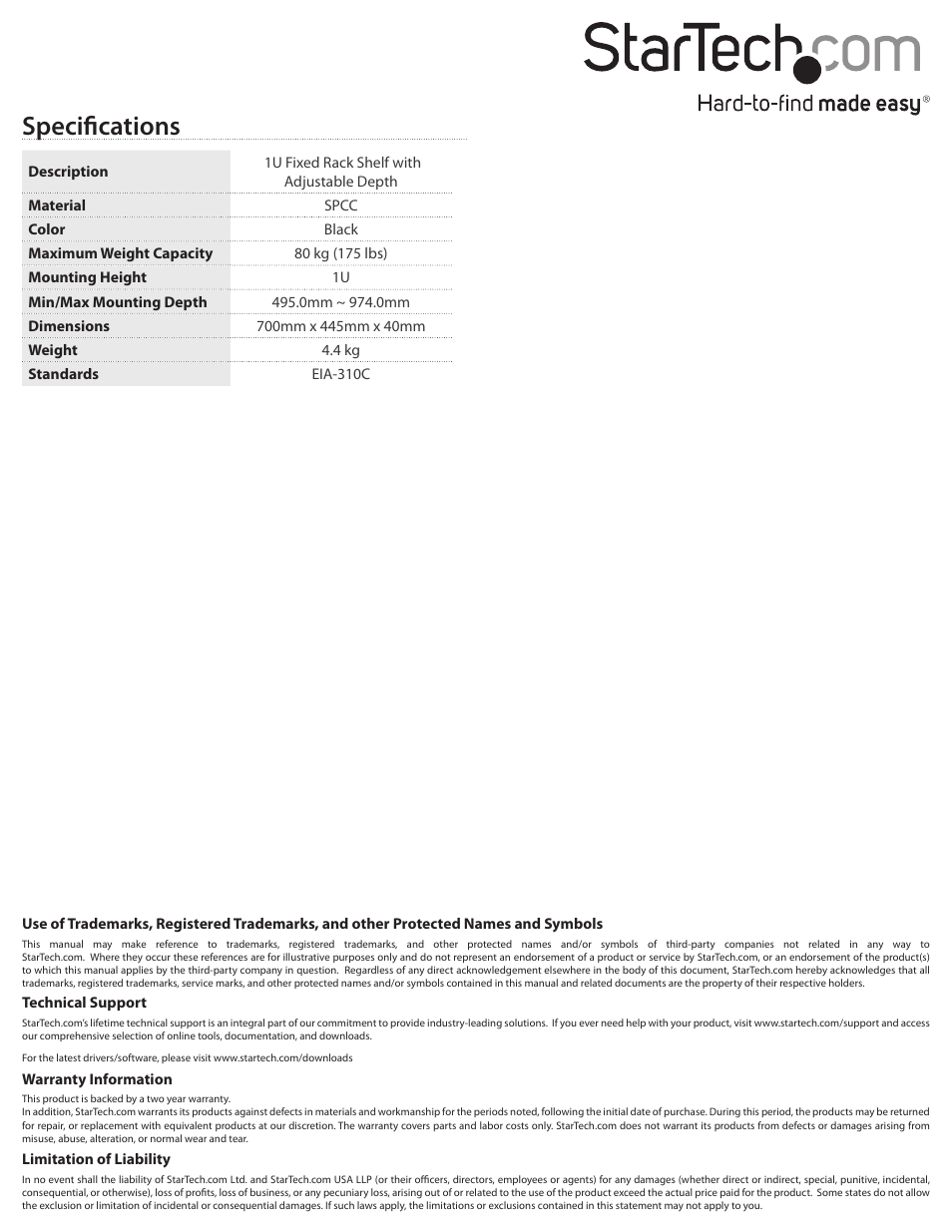 Specifications | StarTech.com ADJSHELF User Manual | Page 2 / 2