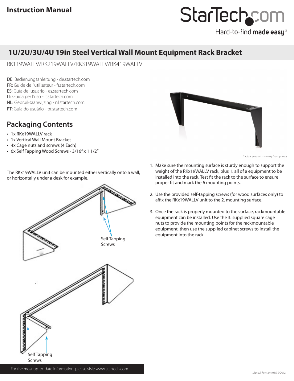 StarTech.com RK419WALLV User Manual | 2 pages