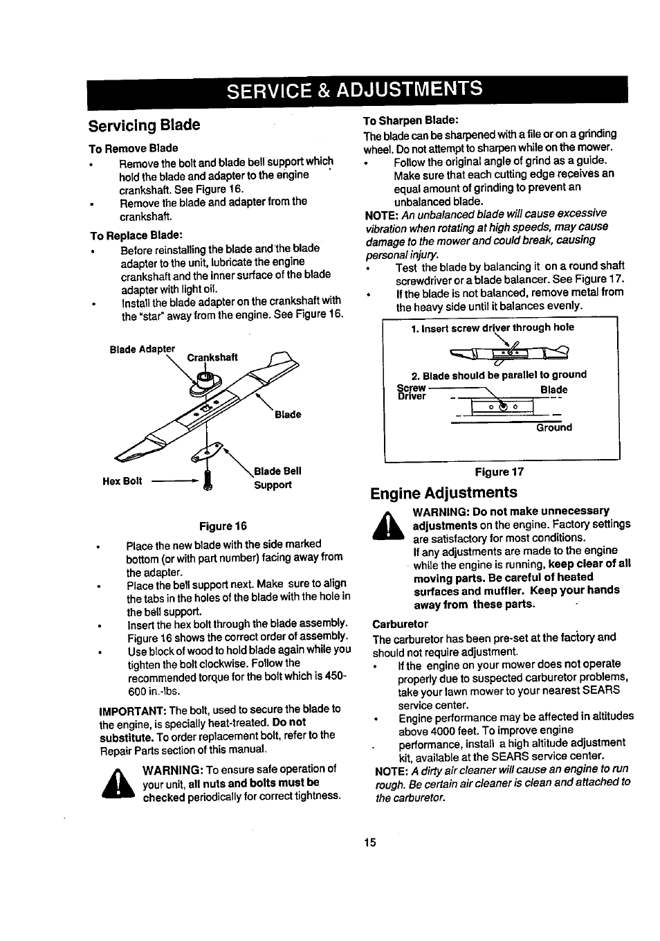 Servicing biade, Engine adjustments, Service & adjustments | Craftsman 247.388240 User Manual | Page 15 / 26