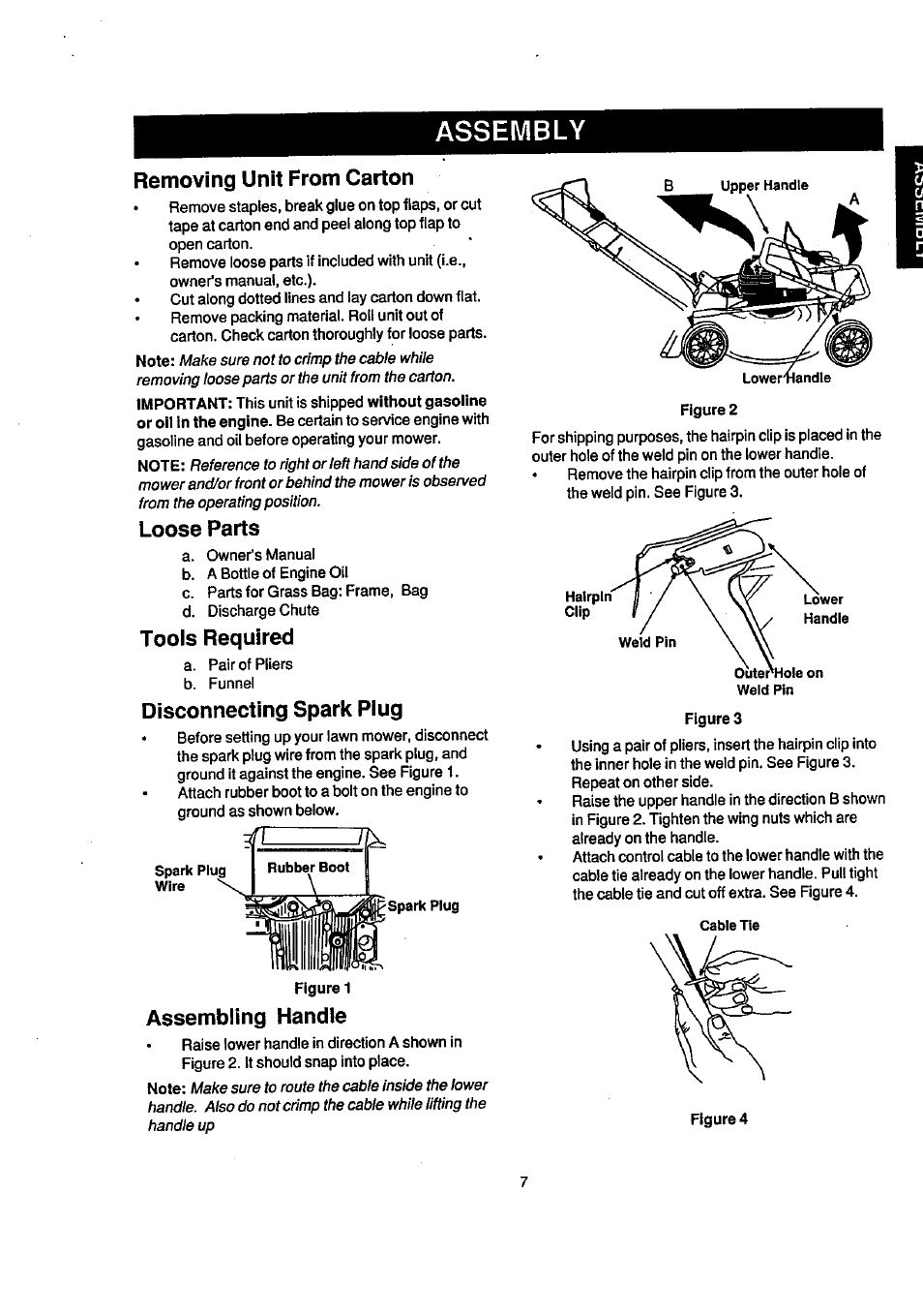 Removing unit from carton, Loose parts, Tools required | Disconnecting spark piug, Assembiing handle, Assembly | Craftsman 247.388240 User Manual | Page 7 / 26