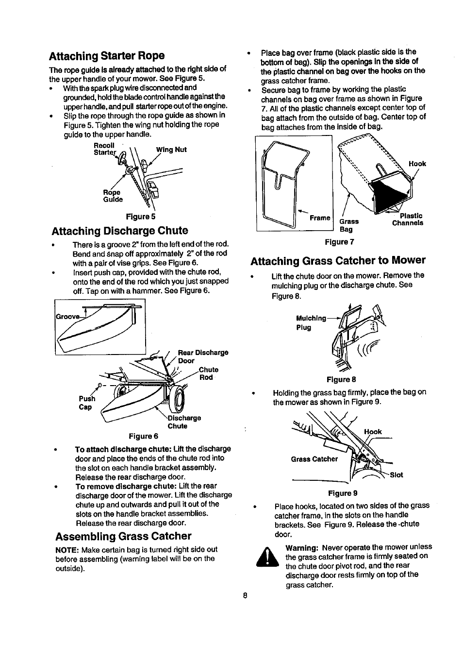 Attaching starter rope, Attaching discharge chute, Assembling grass catcher | Attaching grass catcher to mower | Craftsman 247.388240 User Manual | Page 8 / 26