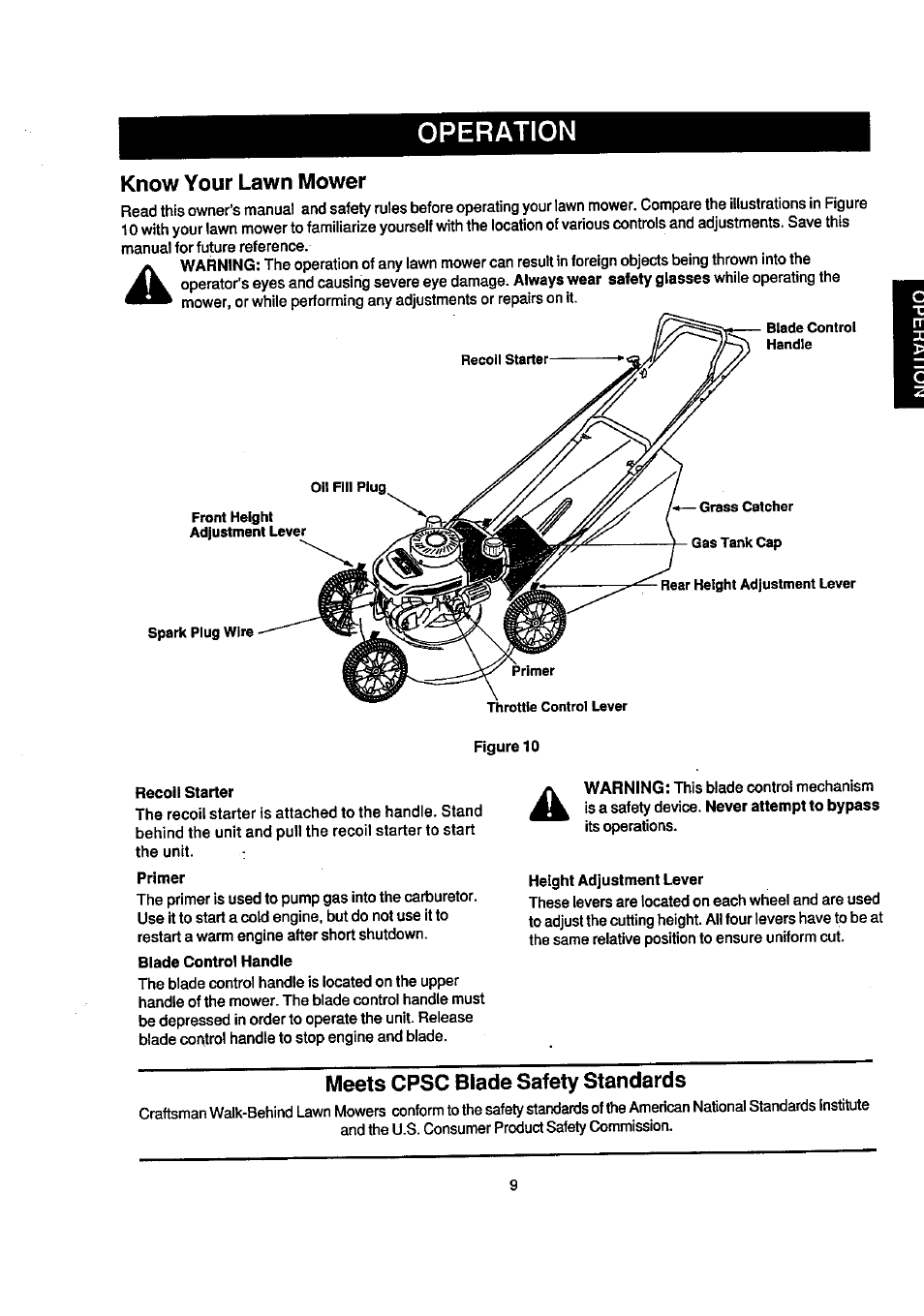 Know your lawn mower, Meets cpsc blade safety standards, Operation | Craftsman 247.388240 User Manual | Page 9 / 26