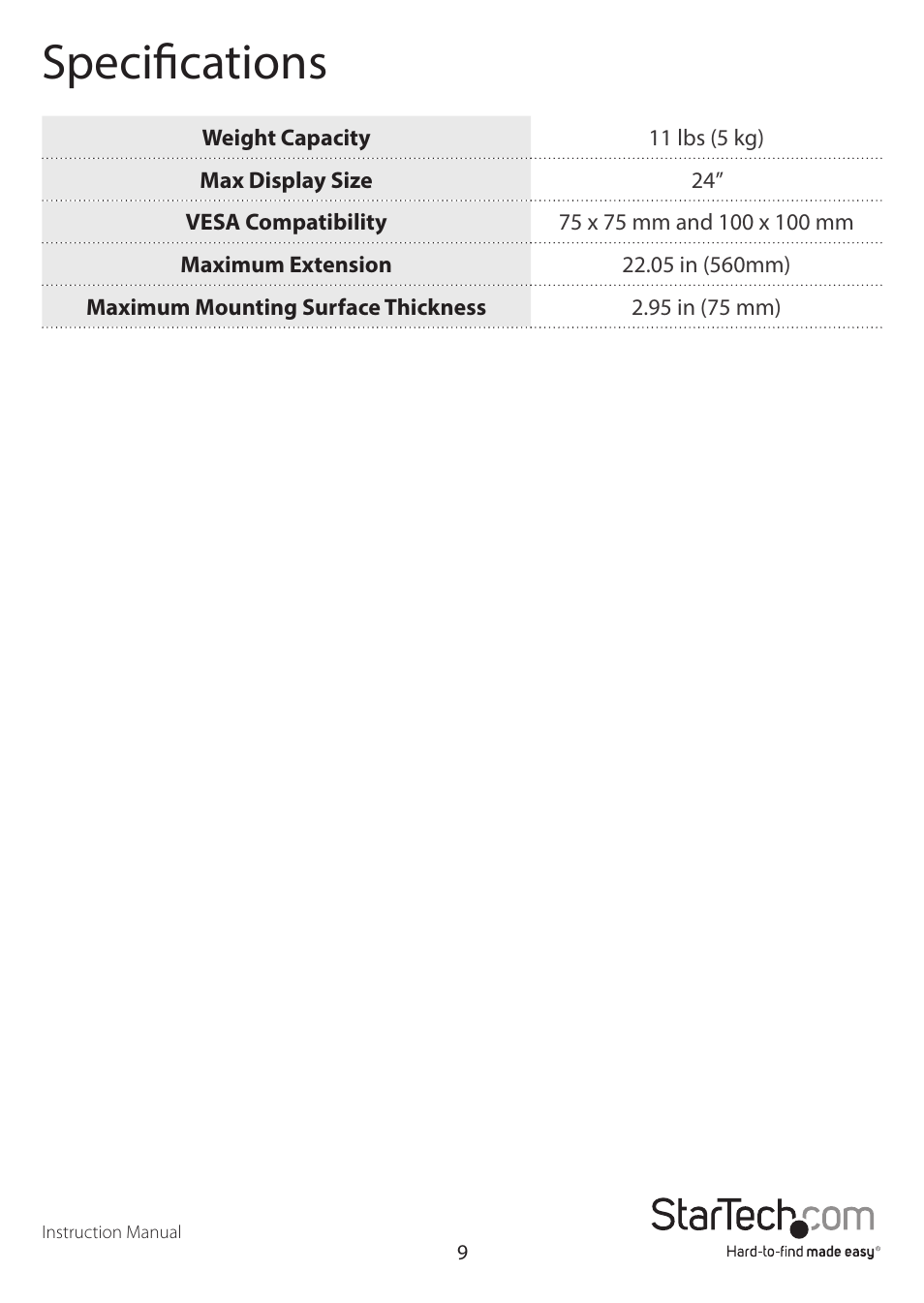 Specifications | StarTech.com ARMPIVOTE User Manual | Page 13 / 15